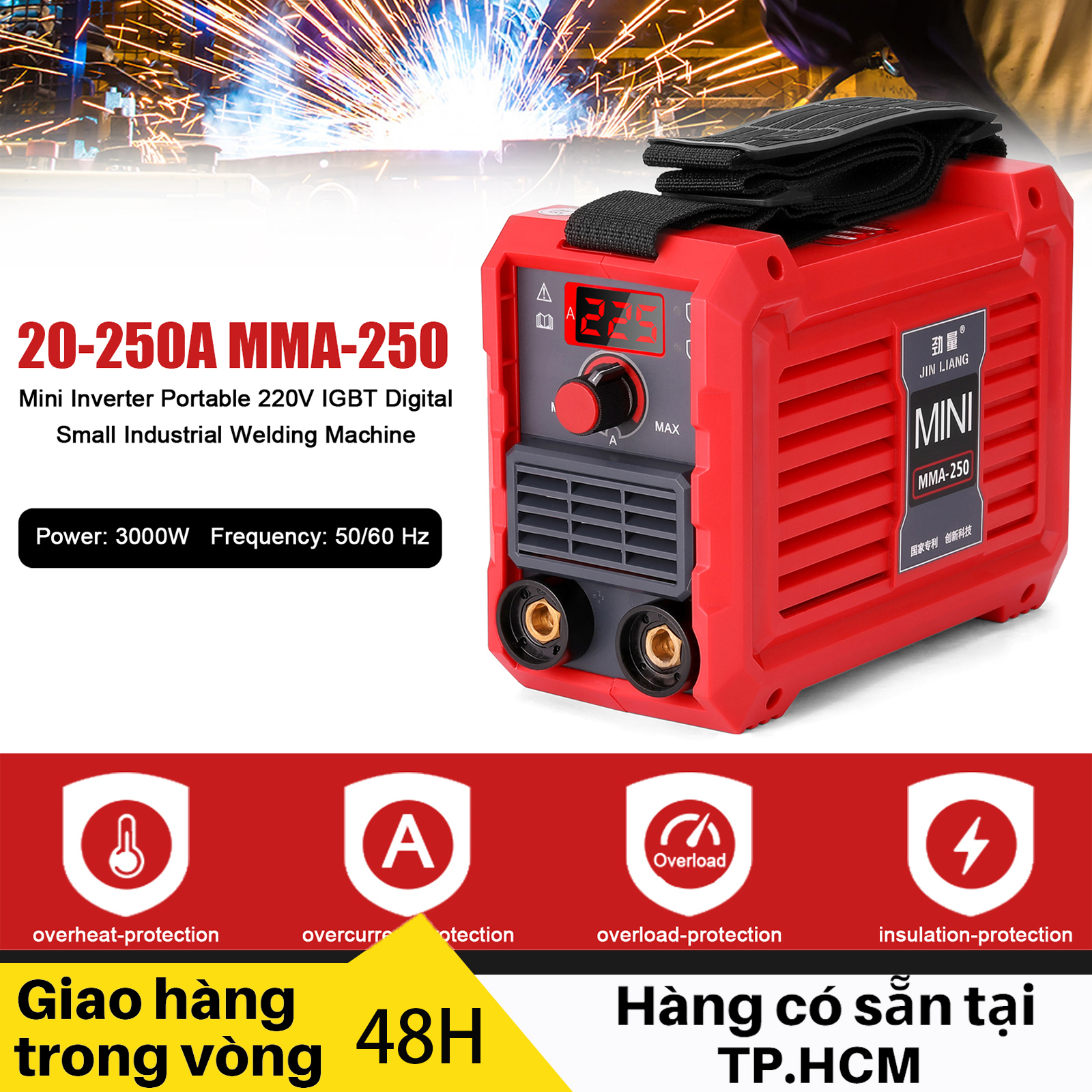 Máy hàn điện tử mma 250, máy hàn, máy hàn điện tử, máy hàn que, may han mini, bộ phụ kiện đầy đủ