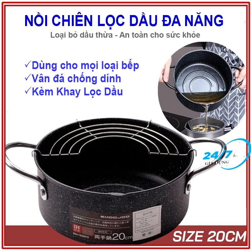 Nồi Chiên Chống Dính EMOOJOO Nhật Size 20cm - Nồi Chiên Ngập Dầu Vân Đá Chống Dính, Nồi Chiên Ráo Dầu Tặng Kèm Vỉ Inox Loại Bỏ Dầu Mỡ Thừa An Toàn Cho Sức Khỏe -Nồi Chiên Lọc Dầu Dùng Bếp Ga, Bếp Từ, Bếp Hồng Ngoại Tiện Dụng - Giadungbv247