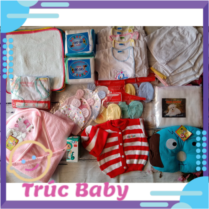 [HCM]Combo sơ sinh trọn gói cho bé(10 lót5 áo 2 loại5 quần 2 loại20 khăn sữa1 khăn tắm3 nón thỏ in5 bao t/c in1 gối lõm1 ủ10 tả1 áo len)