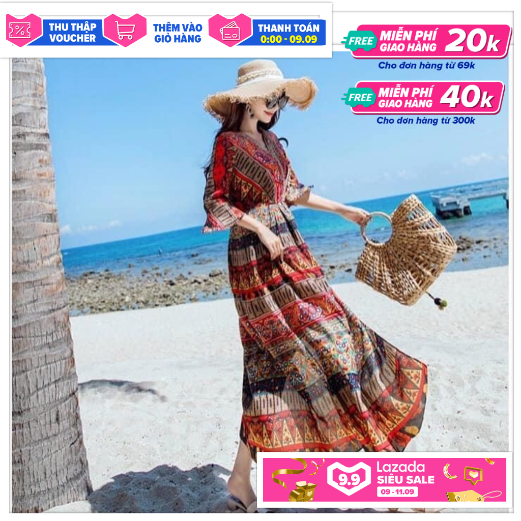 Đầm Maxi Thổ Cẩm Đi Biển Chất Lụa Mango Đẹp LH69