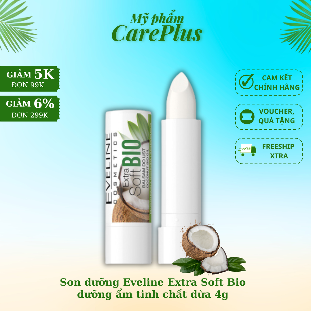 Son dưỡng Eveline Extrasoft Bio dưỡng ẩm môi hương dừa 4g