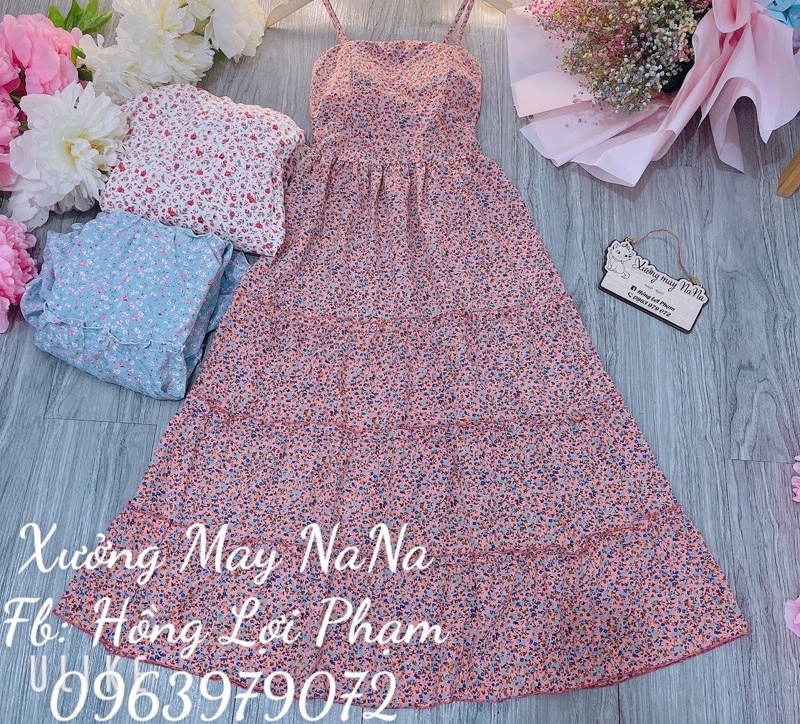 Đầm hoa nhí 2 dây có mút ngực nhún tầng