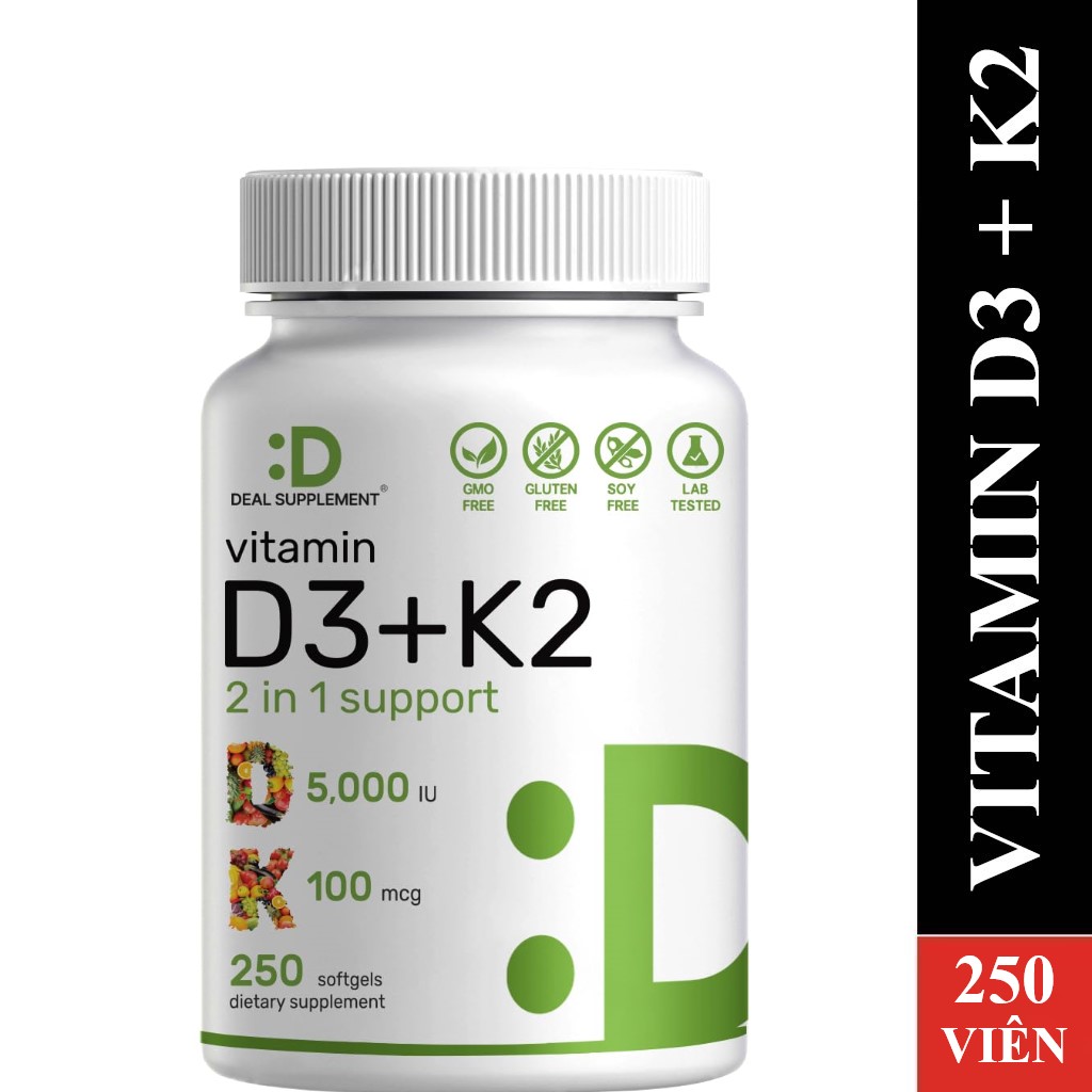 Viên uống tăng sức đề kháng, săn chắc xương deal supplement vitamin d3 + k2 250 viên