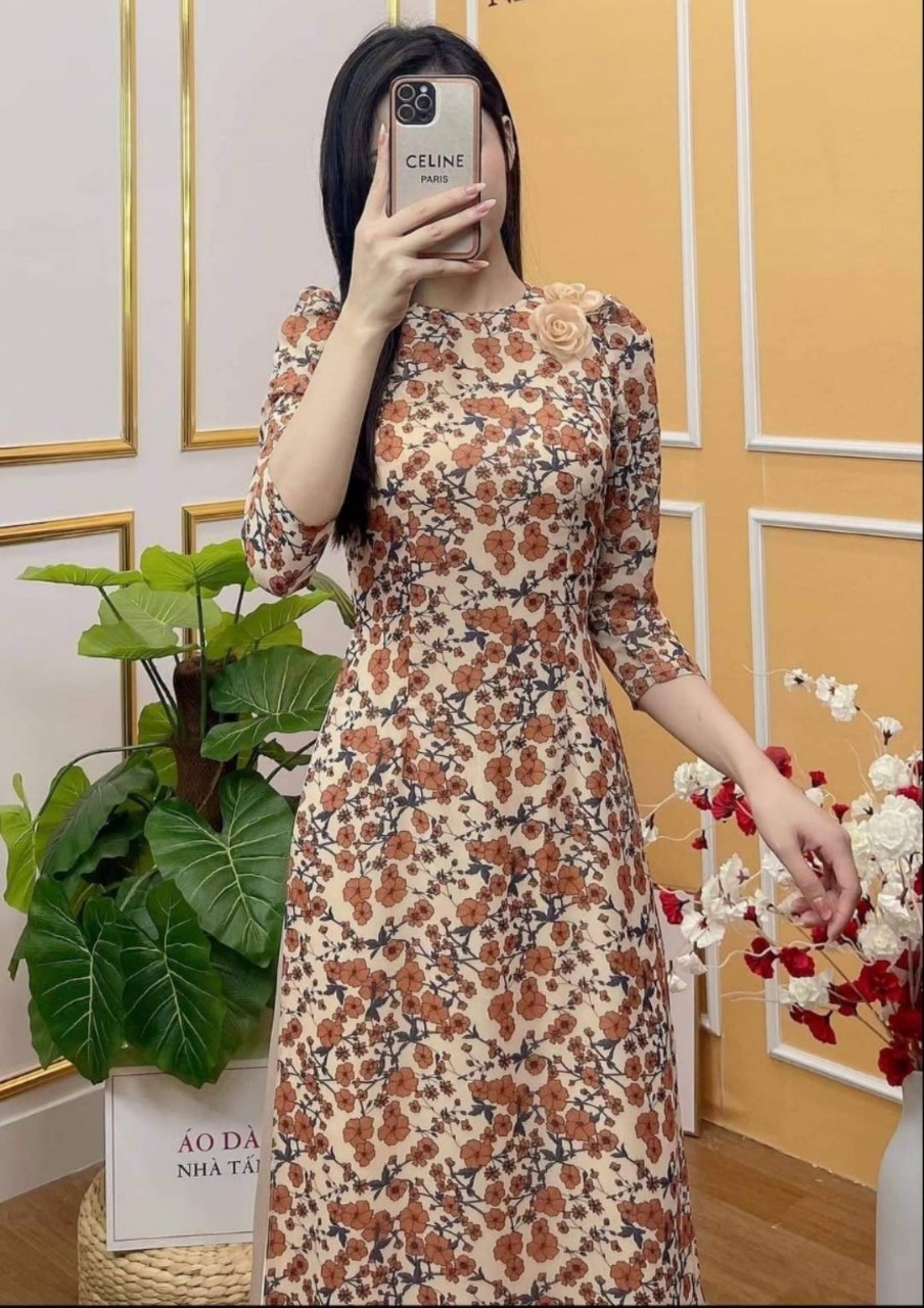 Áo dài chifon in thêu hoa cao cấp 2 tà
