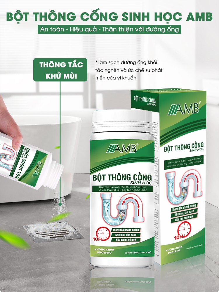 Bột thông cống cực mạnh AMB, bột thông bồn cầu, bồn rửa bát, tắc cống siêu mạnh, hiệu quả an toàn lọ 200g