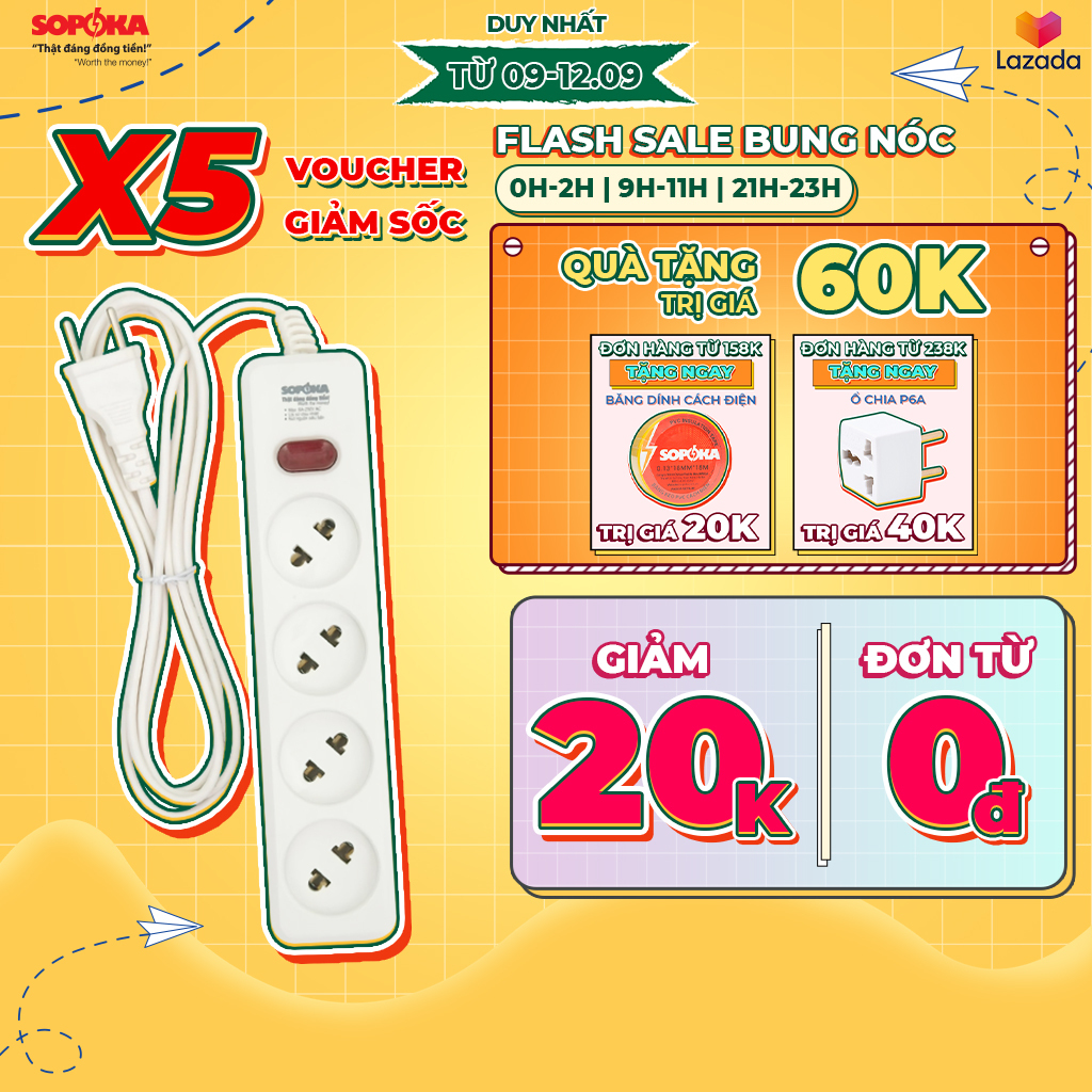 Ổ cắm liền dây chịu tải 1200W SOPOKA 3L1-6L1 dây 2,5m công tắc an toàn