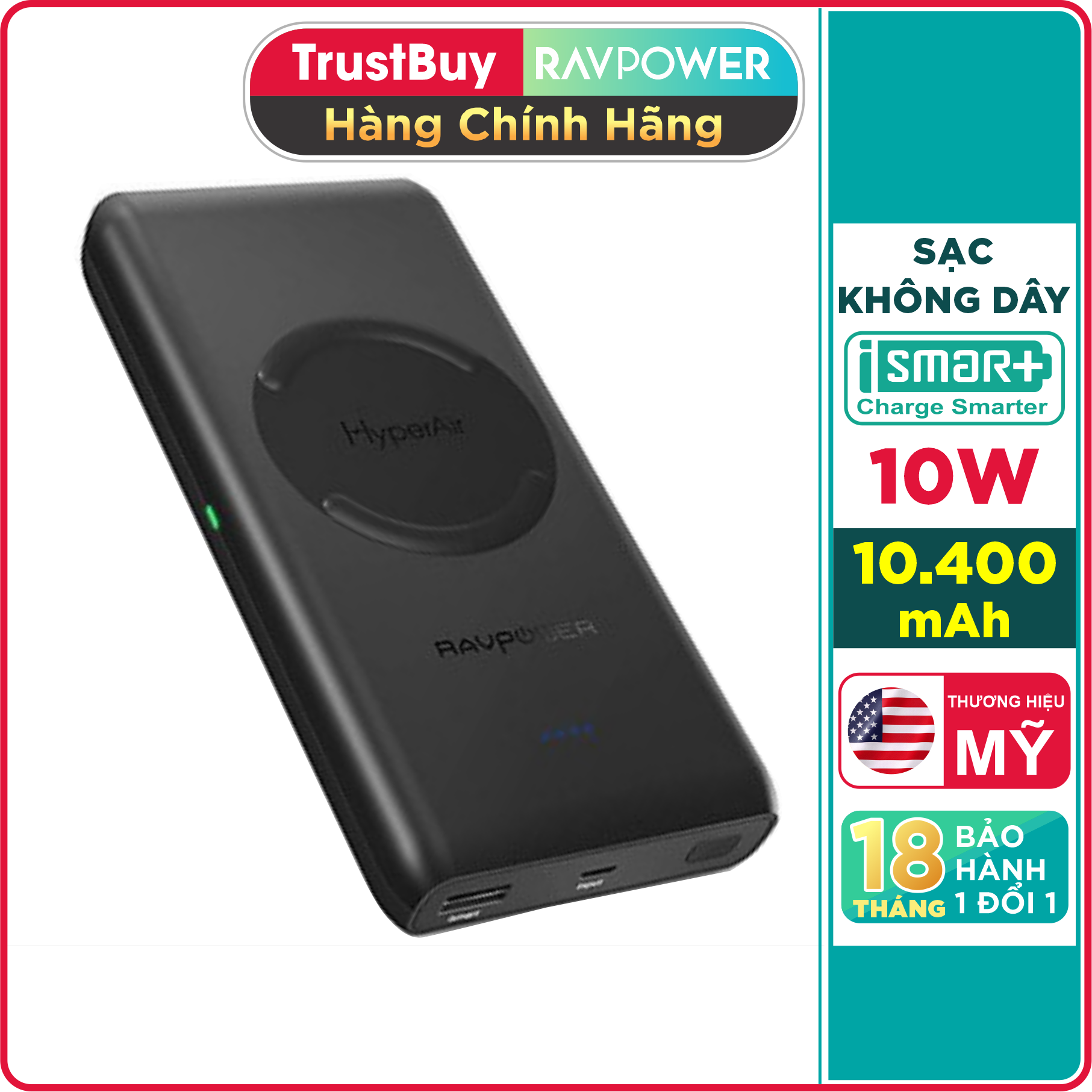 Pin sạc dự phòng ravpower 10400mah tích hợp sạc không dây 10w - rp-pb080 - hàng phân phối chính hãng