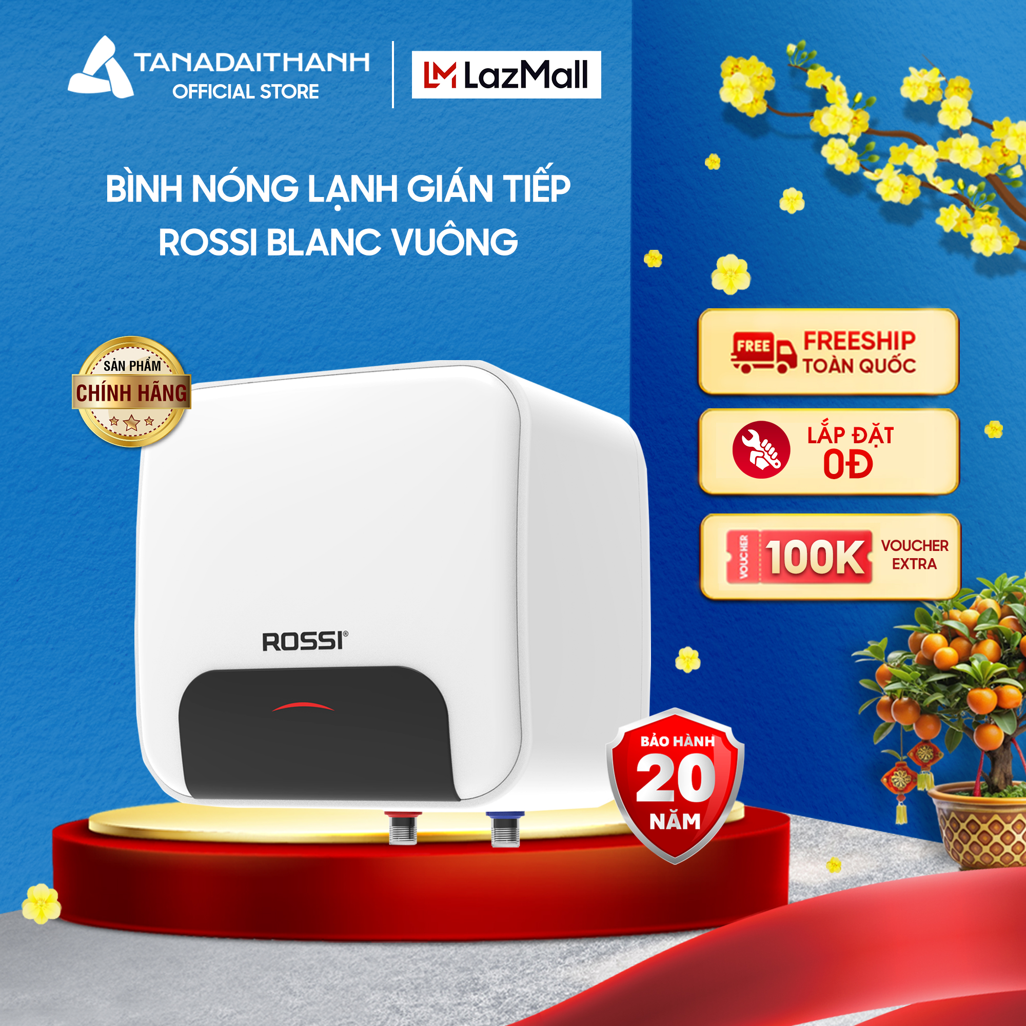 [Voucher 15%] Bình nóng lạnh gián tiếp Rossi Blanc Vuông (15/20/30 Lít) - Chính hãng, Bảo Hành 20 năm