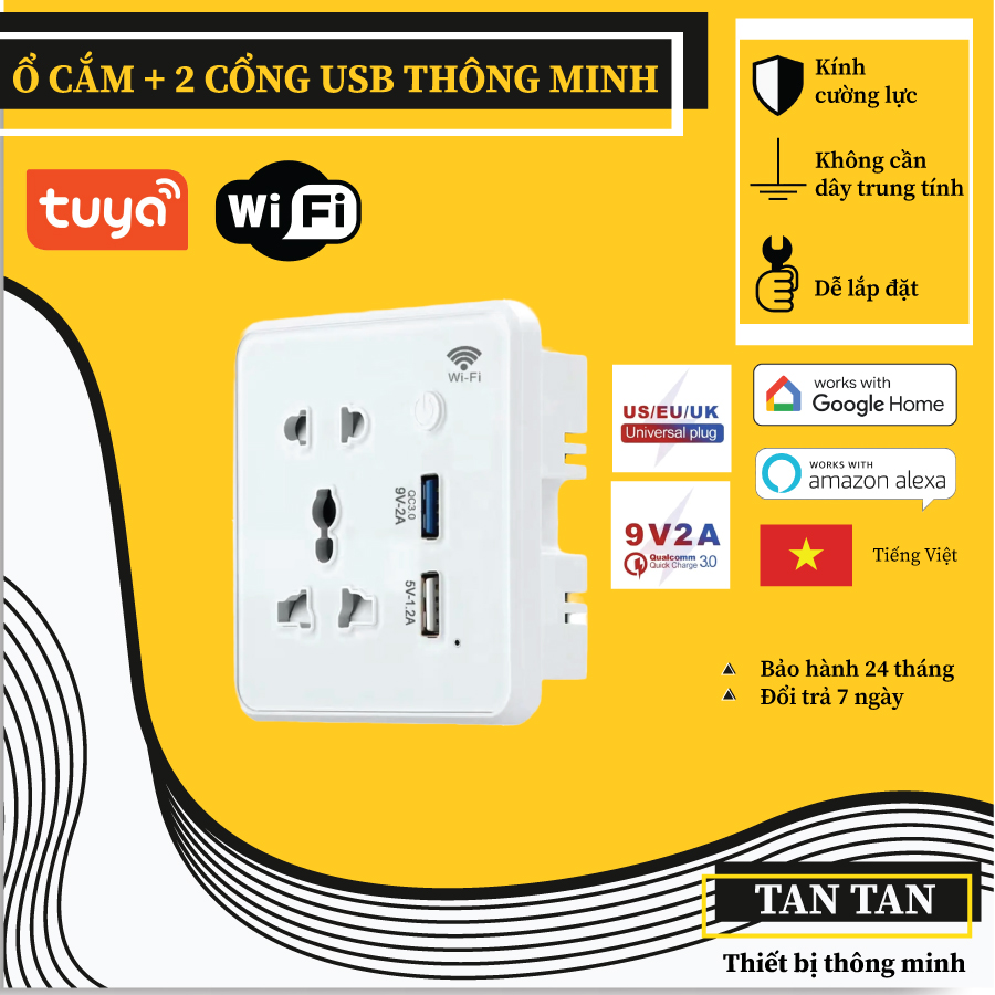 Ổ cắm thông minh vuông premium kết hợp 2 usb, kết nối wi-fi, zigbee, ble, hỗ trợ google home, amazon alexa echo, apple homekit