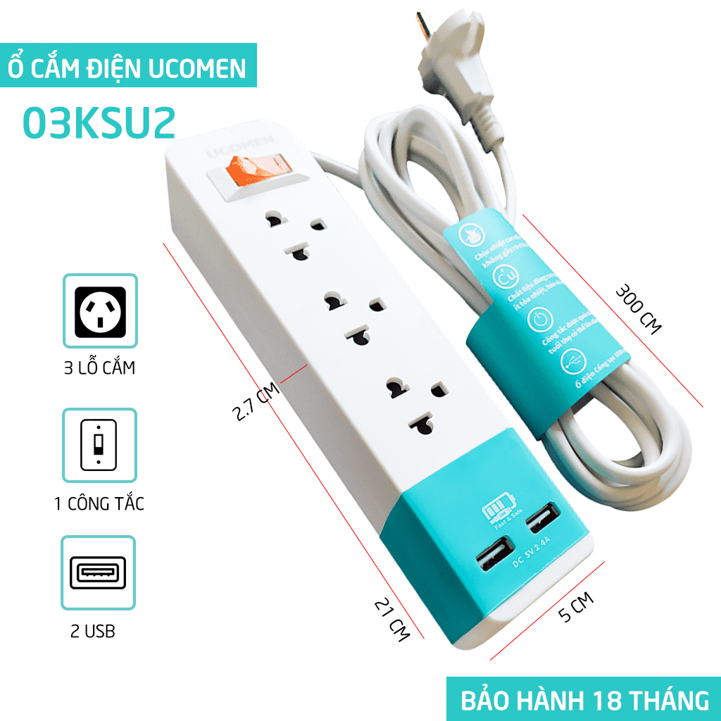 Ổ cắm điện an toàn ucomen 03ksu2 3 ổ cắm 2 cổng usb