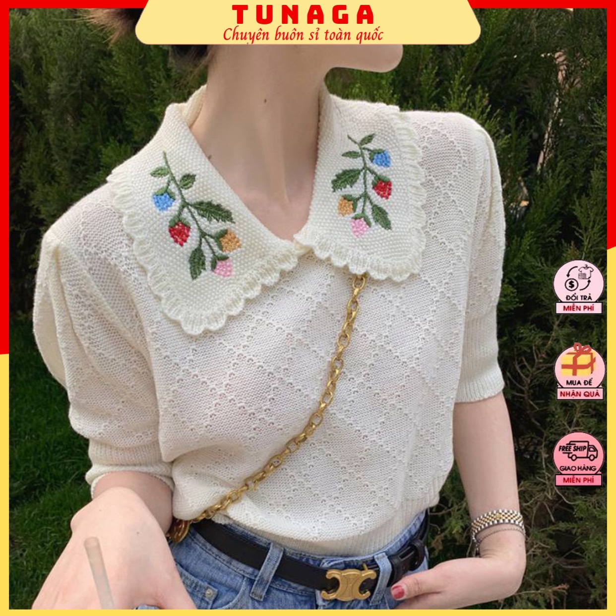 Áo len nữ cổ bẻ thêu hoa- áo kiểu nữ chất len tay cộc phối chân váy cực xinh