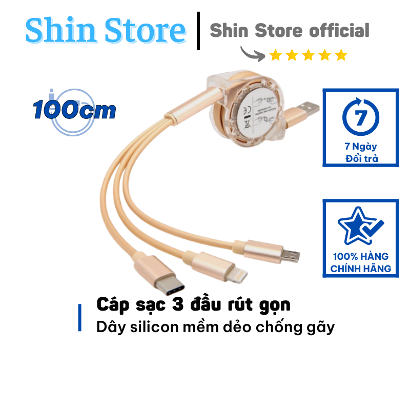 Cáp sạc 3 đầu dây rút, dây sạc 3 đầu rút gọn nhỏ gọn, tiện lợi độ dài 1m - shinstore
