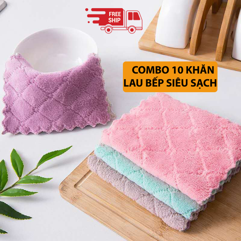 Khăn Lau Đa Năng Siêu Thấm 2 Mặt Mềm Mại Siêu Sạch Chống Dính Dầu Mỡ Nhanh Khô (Combo 10 Khăn)