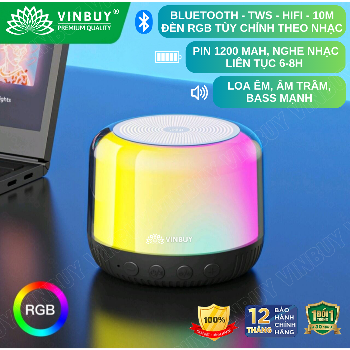 Loa bluetooth không dây bass mạnh wireless TWS HiFi loa nghe nhạc mini âm trầm bass mạnh có đèn RGB đổi màu theo nhạc - Hàng chính hãng VinBuy