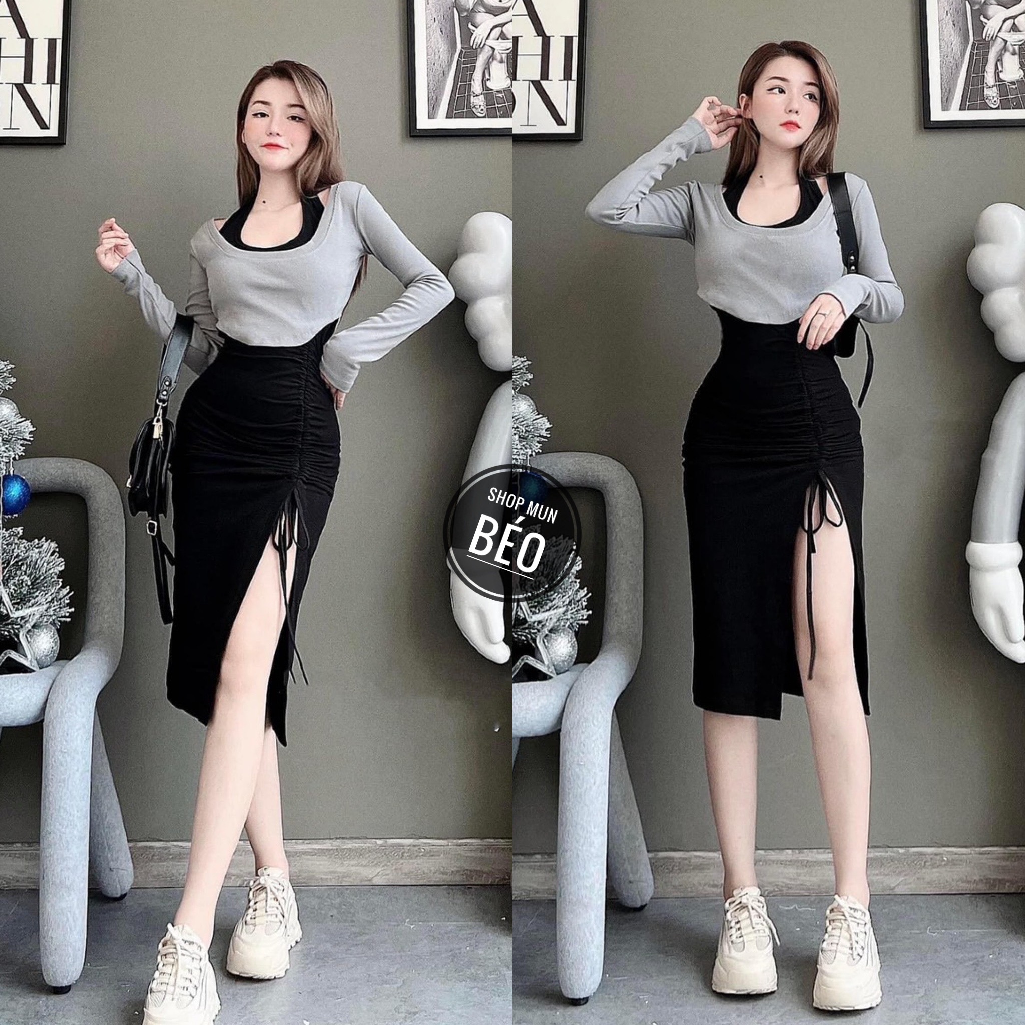 Set đầm rút kèm áo tay dài Chất Thun borip Thích Hợp Mặc Đi Tiệc Đi Làm Đi Chơi Phù Hợp Với Mọi Phong Cách