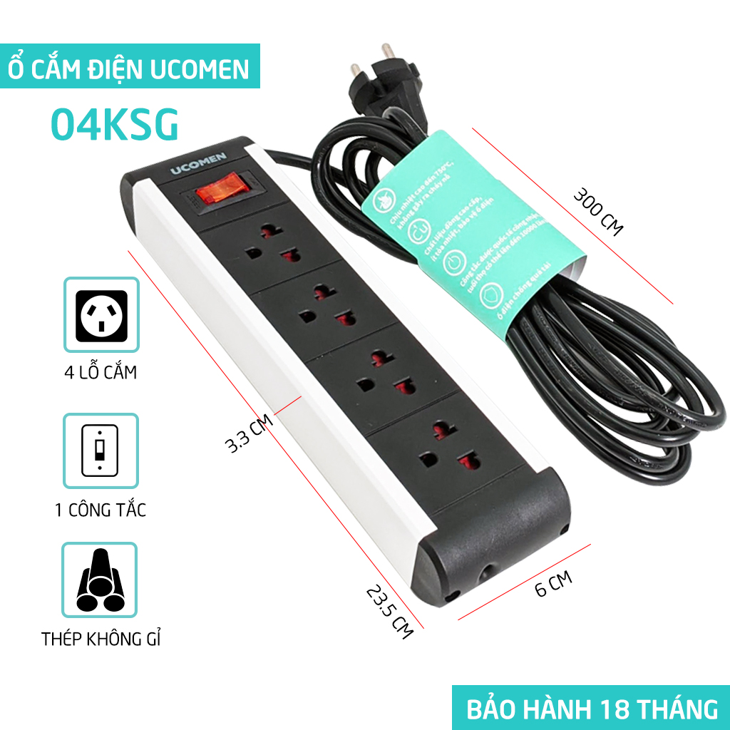 Ổ cắm điện an toàn Ucomen 04KSG 4 ổ cắm chống quá tải