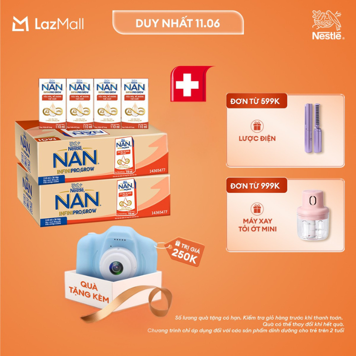 [Chỉ 11.06 QT Đơn 599K/999K/1299K][Tặng Máy chụp ảnh] Combo 2 Thùng 36 hộp sữa pha sẵn Nestle NAN INFINIPRO GROW với công thức vượt trội kết hợp sữa A2 và HMO hỗ trợ tiêu hóa, đề kháng và phát triển thể chất (4x110ml)