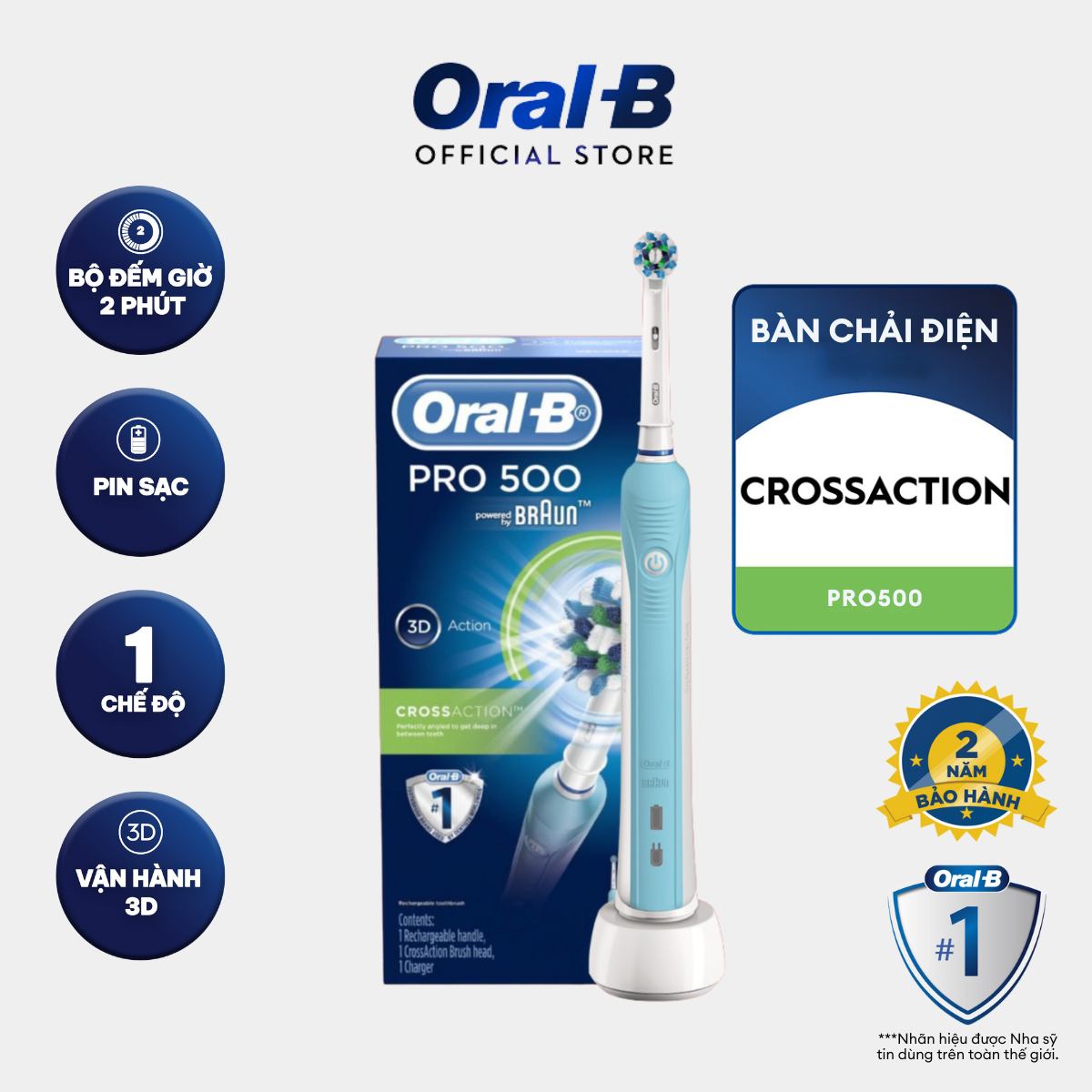 Bàn chải điện Oral-B Pro 500 D16.513 - Hàng chính hãng bảo hành 24 tháng 1 Đổi 1