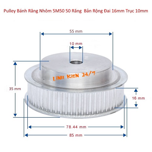 PULLEY BÁNH RĂNG NHÔM 5M50 50 RĂNG BẢN RỘNG ĐAI 16MM TRỤC 10MM