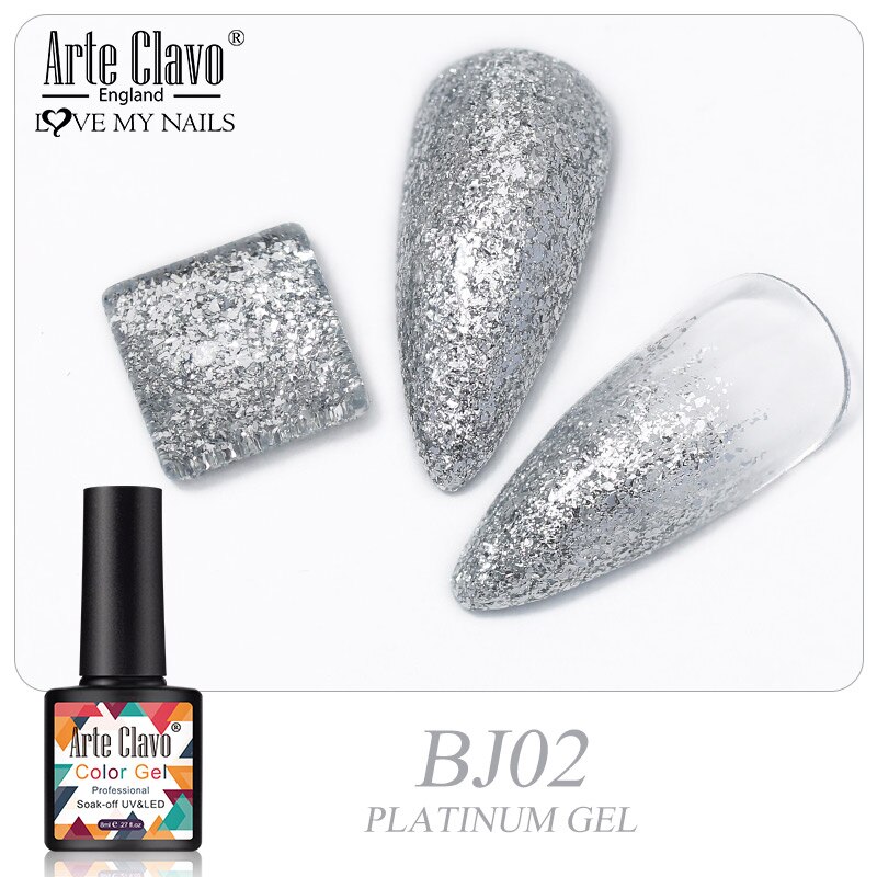 Arte Clavo Glitter Platinum Polish Gel 8ml Soak Off LED Nail Art Gel