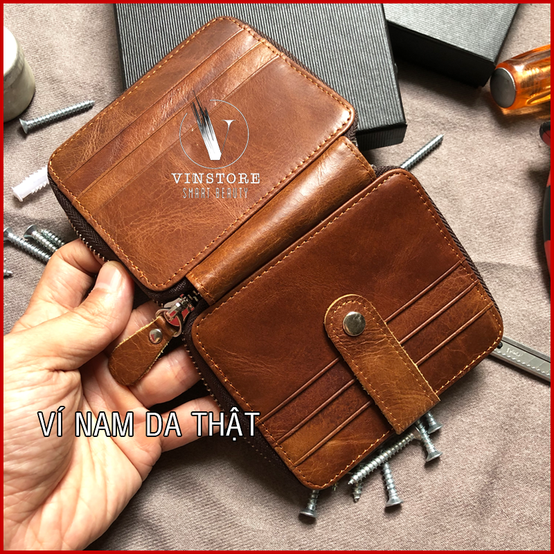 [BH 1 năm] Ví nam da thật có khóa kéo màu nâu phong cách Vintage