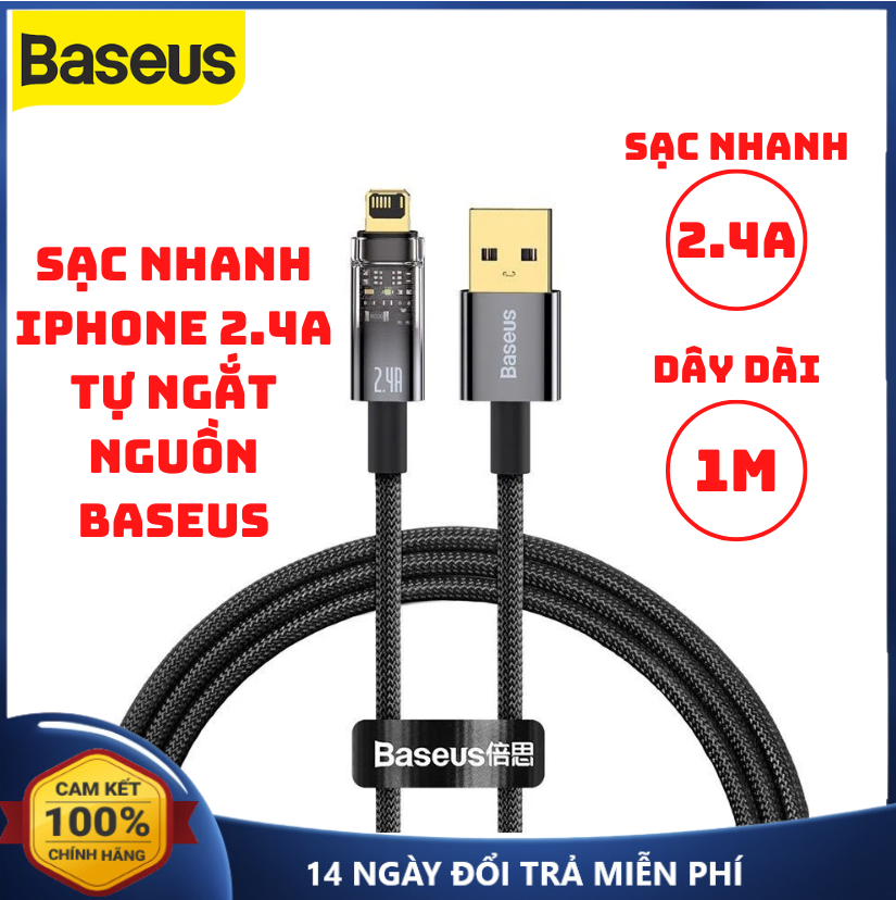 Cáp sạc nhanh tự ngắt iphone 2.4a baseus usb to lightning dây sạc nhanh tự ngắt iphone cáp sạc tự ngắt khi pin đầy