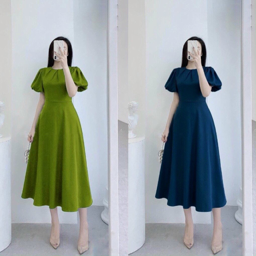 Freeshipmax đầm xòe xanh tay phồng