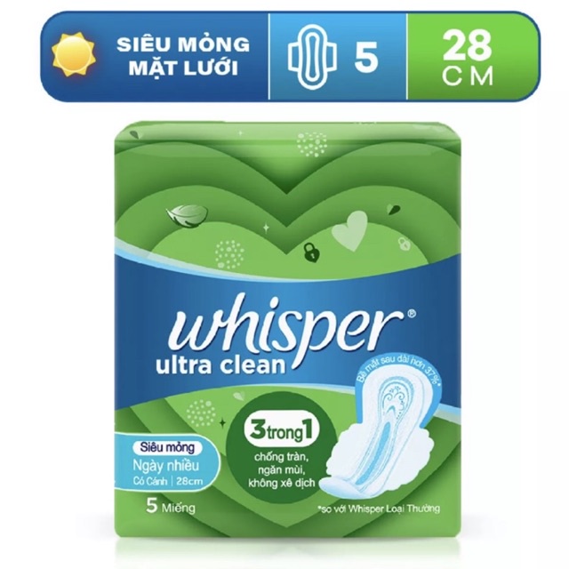 Băng vệ sinh Whisper Siêu Mỏng Cánh 5 miếng 28cm Cho Ngày Nhiều & Đêm