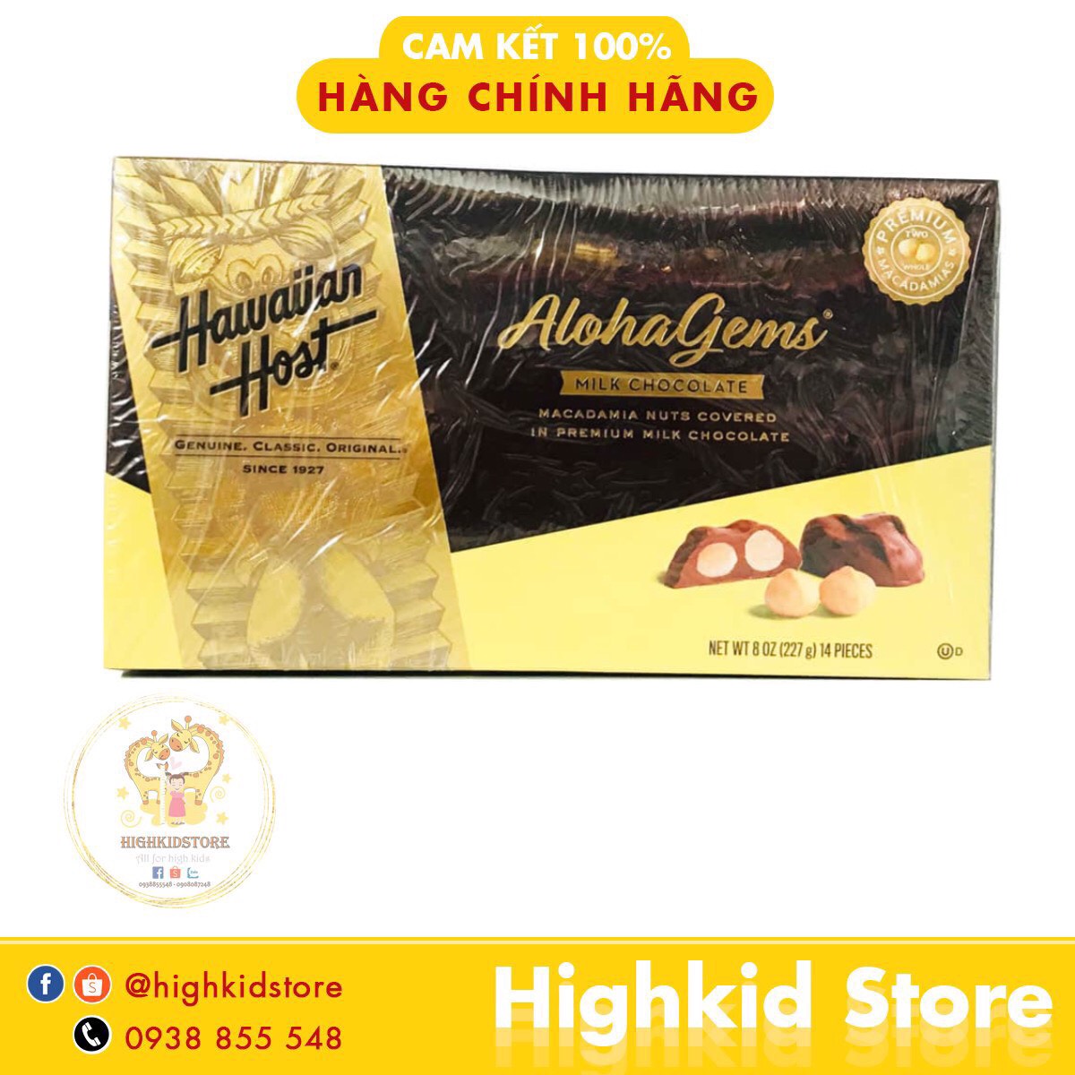 [Hàng Mỹ] Socola nhân Maca 1 hộp 3 vỉ - Hawaiian Host Aloha Gems Macadamia Milk Chocolate