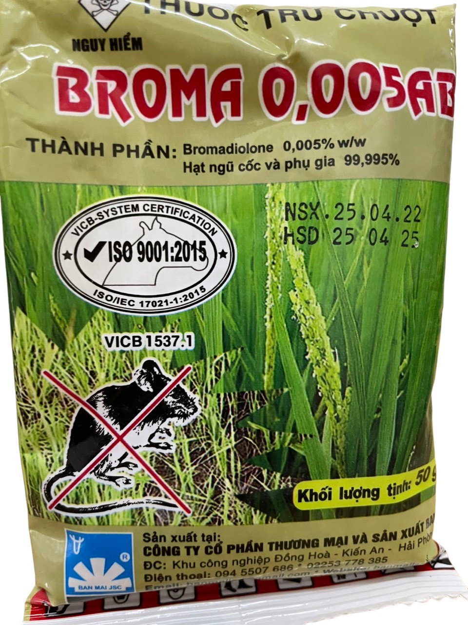  Bả diệt chuột sinh học thế hệ mới Broma 0,005AB; một con ăn hủy diệt cả đàn; tỷ lệ diệt chuột đạt tới 99% an toàn khi sử dụng. 