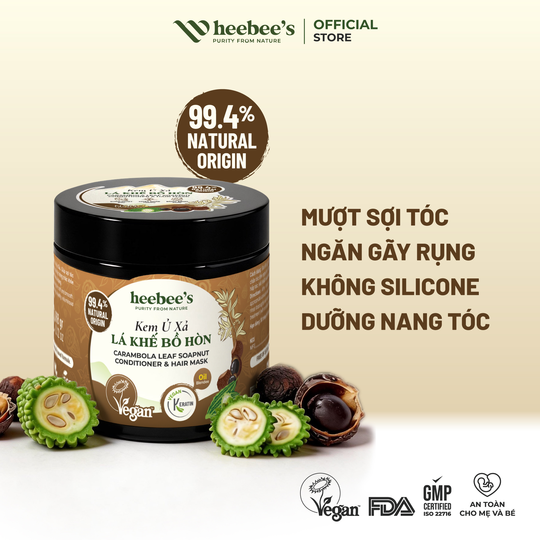 Kem Ủ Tóc Xả Tóc Thảo Dược Thuần Chay Lá Khế Bồ Hòn Heebee's Tái Tạo Da Đầu, Giảm Gãy Rụng, Tóc Suôn Mượt 168g