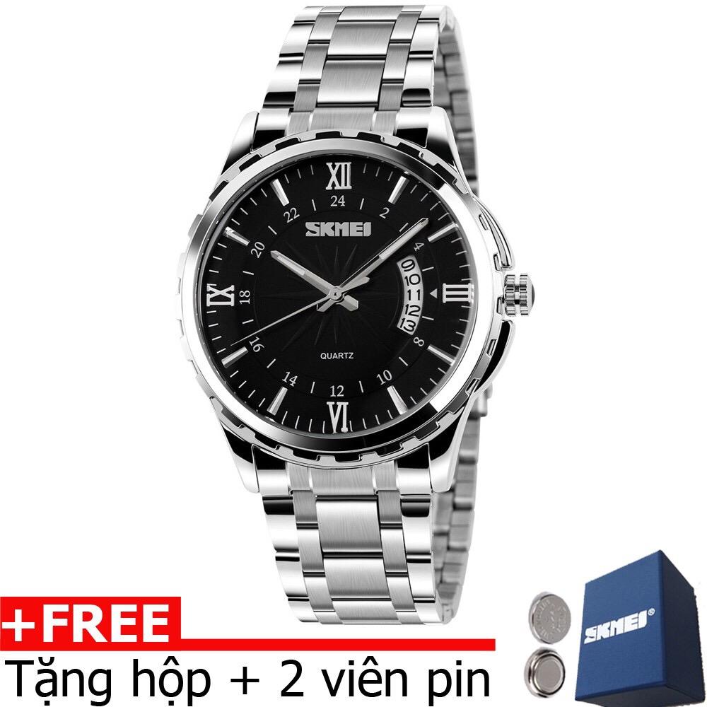 Đồng hồ nam skm dây bạc mặt đen cao cấp,chống nước,chống xước tốt
