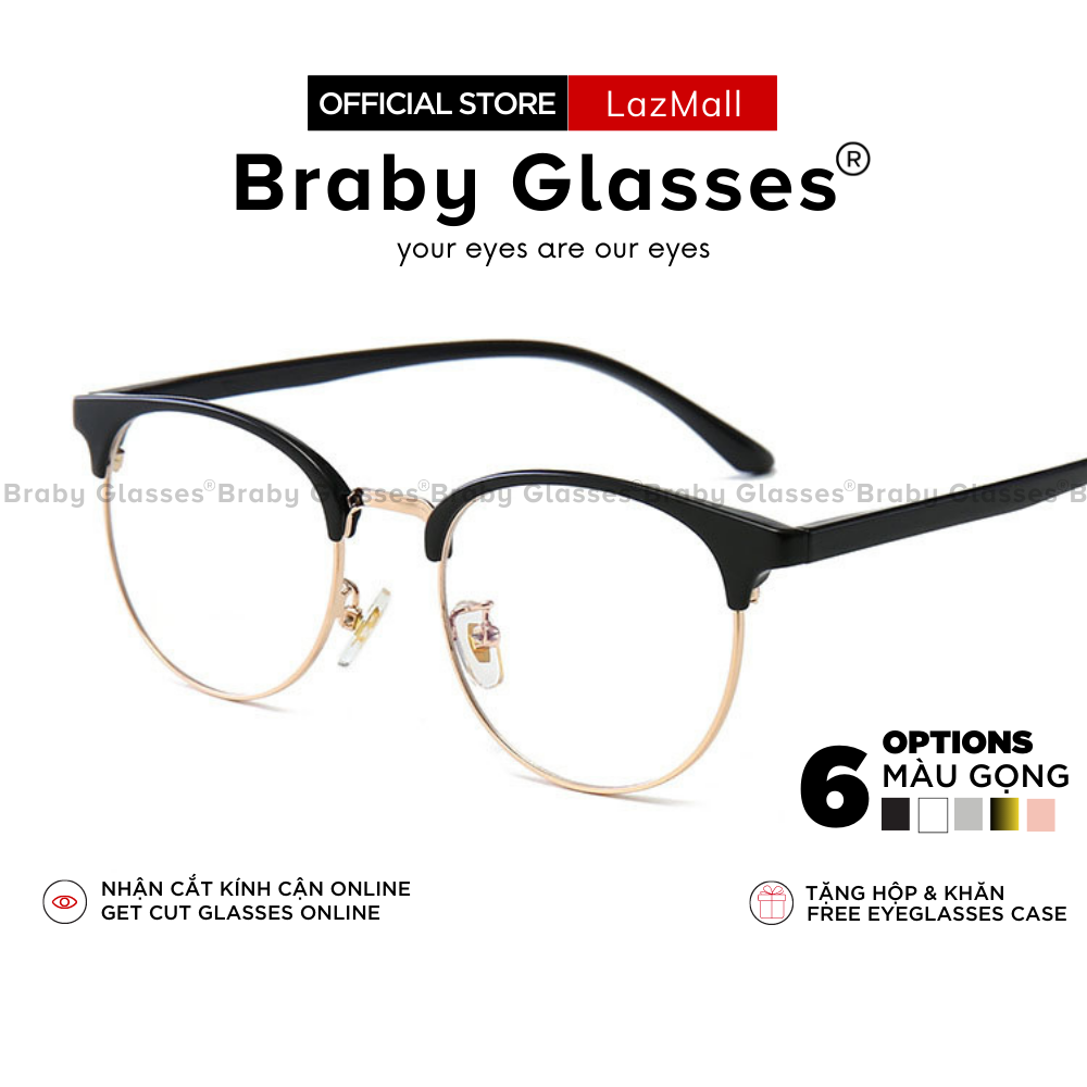 Gọng kính cận mắt tròn nửa gọng thời trang nam nữ braby chất liệu tr90 dẻo kết hợp cầu kính kim loại mk22