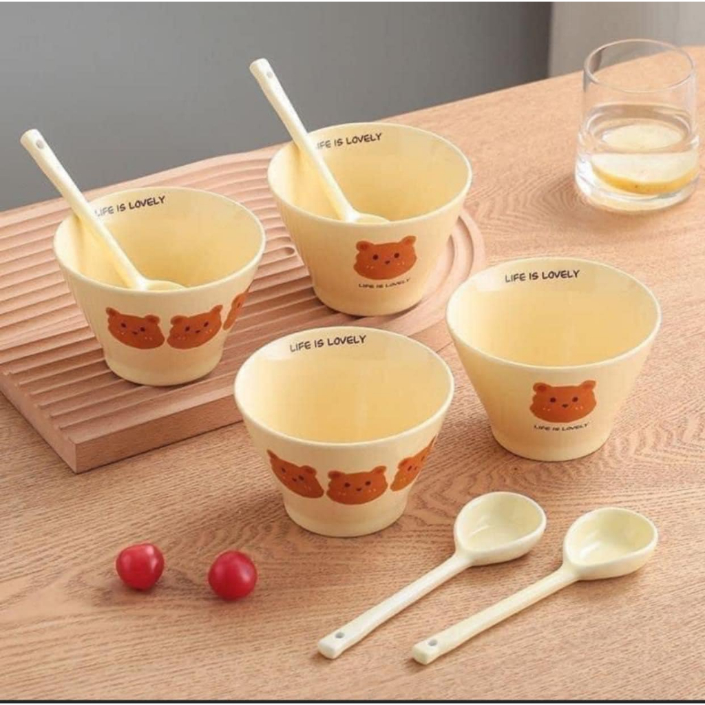 Bát gấu kèm thìa sứ hình gấu nâu ăn chè cháo cho bé ăn dặm an toàn - Chén gấu kèm thìa gốm