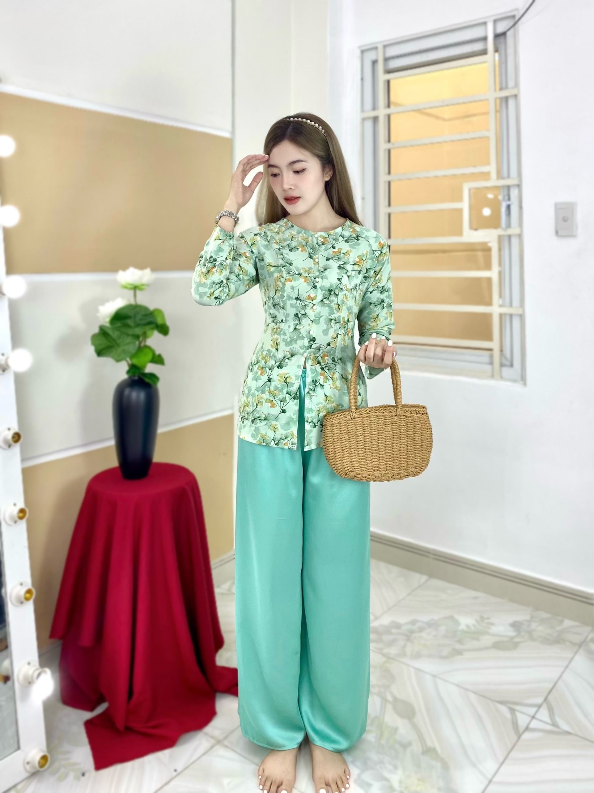 Nguyên bộ bà ba tay dài lụa mango l01
