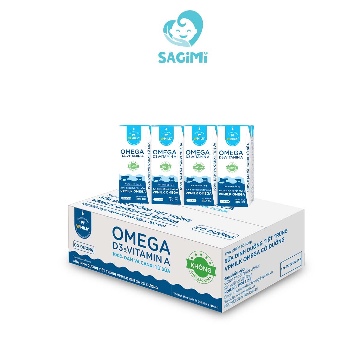 [Thùng 48 HỘP] Sữa Dinh Dưỡng Tiệt Trùng VPMilk Omega CÓ ĐƯỜNG dạng hộp 180ML - cho bé trên 1 tuổi