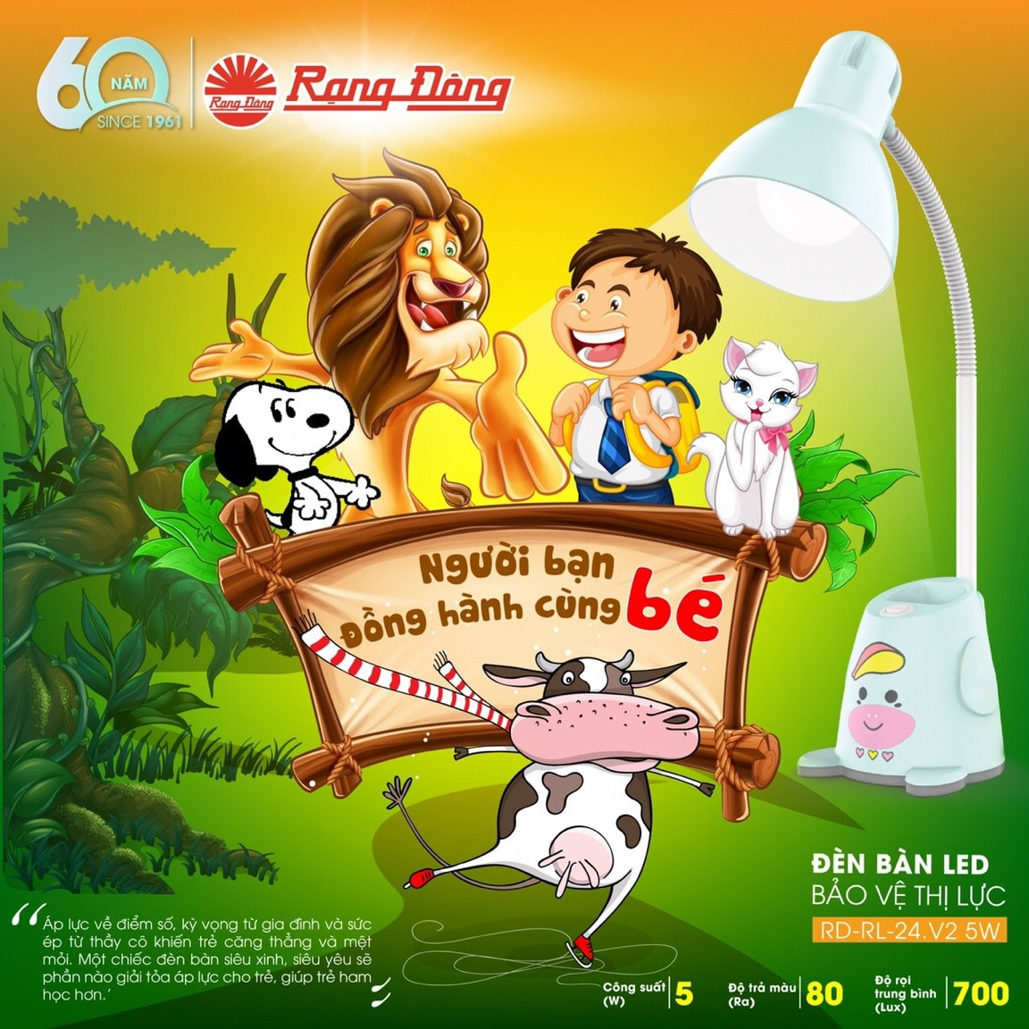 Đèn bàn LED học sinh chống cận tiết kiệm điện Rạng Đông RD-RL-24.V2/ Ánh sáng không nhấp nháy - Đảm bảo ánh sáng trên bàn/ Thiết kế linh hoạt