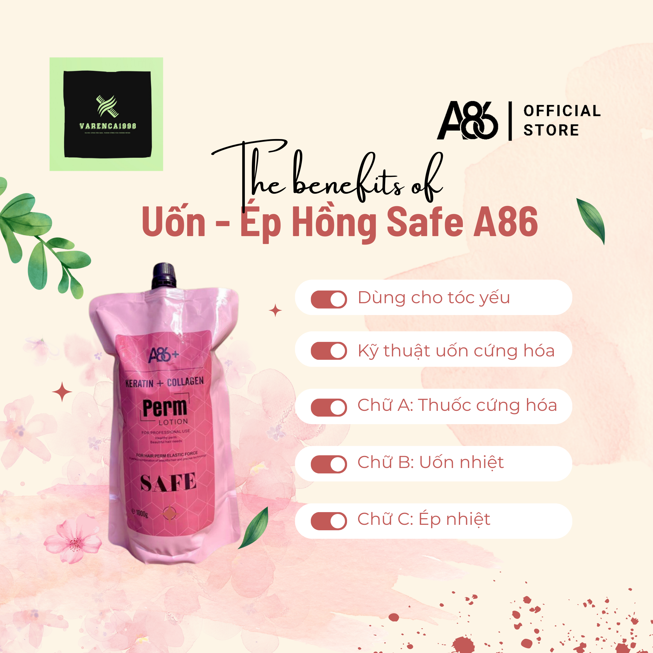 Thuốc dập uốn A86 Safe Hồng chuyện dùng cho tóc yếu, trung bình yếu - Cặp uốn A, B hồng