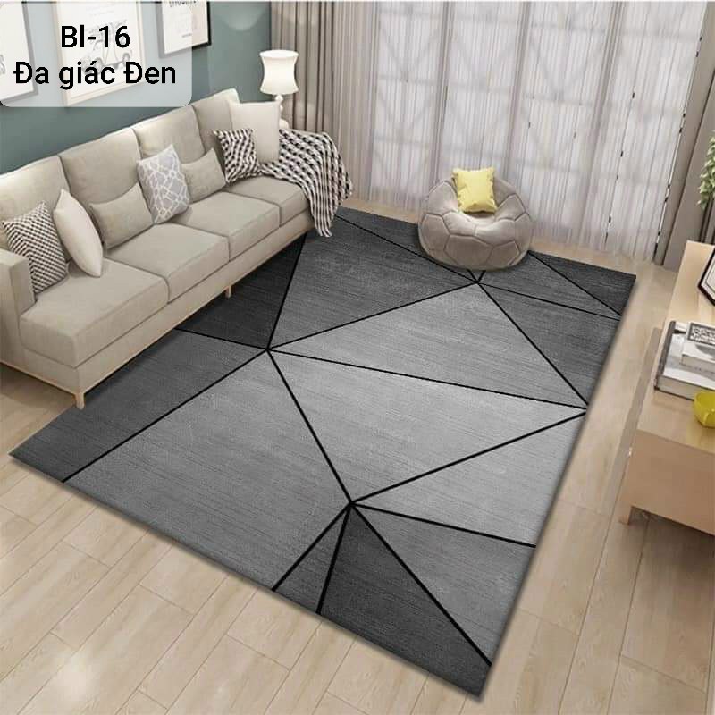 Thảm trài sàn phòng khách 1m6 x2m3 thảm nỉ, thảm 3D mẫu đa giác đen