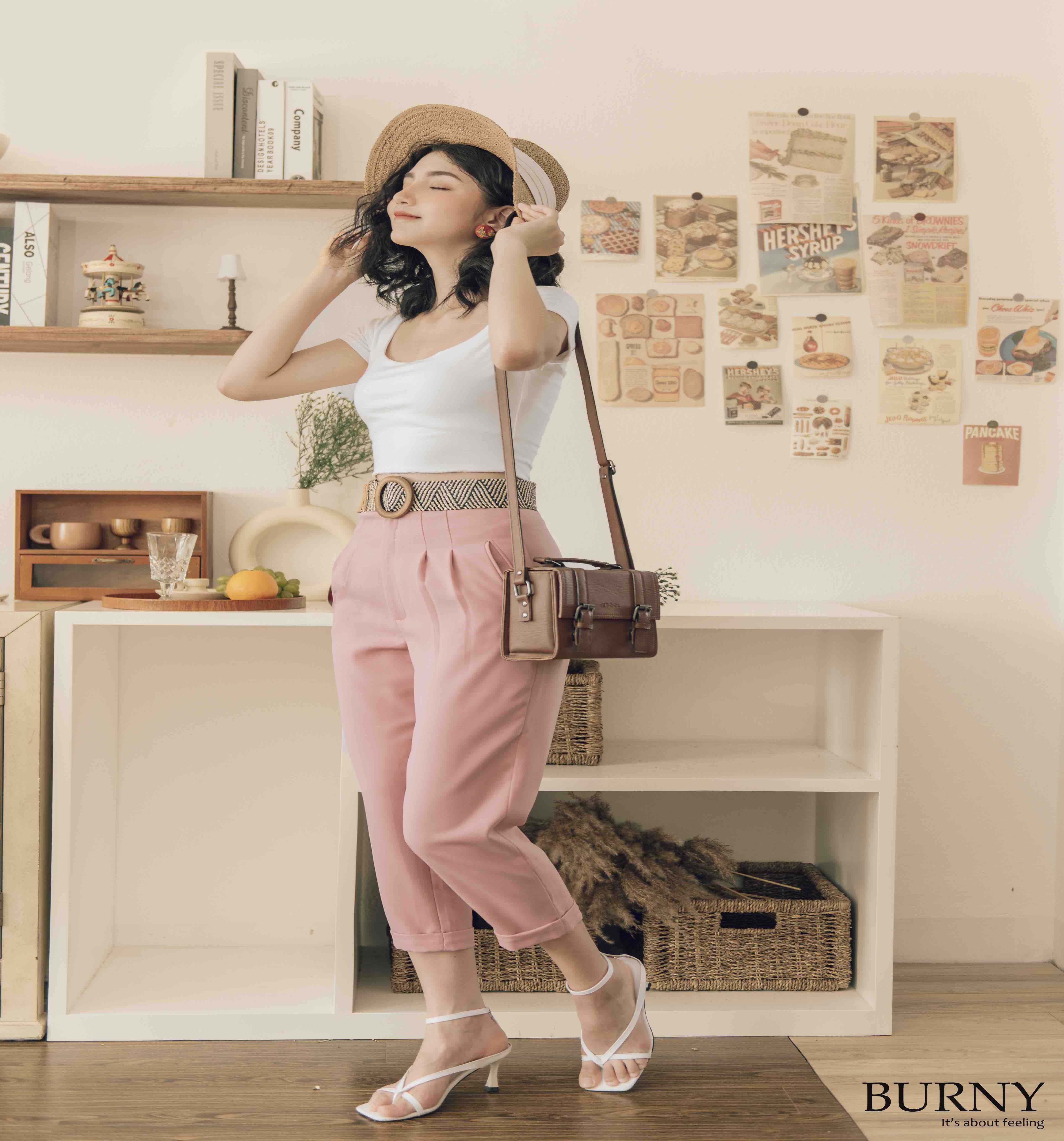 Quần baggy nữ cạp cao màu hồng burny q2001325h