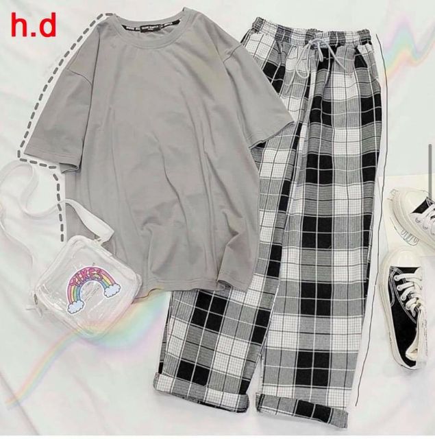Sét áo phông Trơn + quần kẻ . Áo thun nam nữ, quần kaki, quần nữ, sét bộ mặc ở nhà, áo thun tay dài, quần jean ống rộng