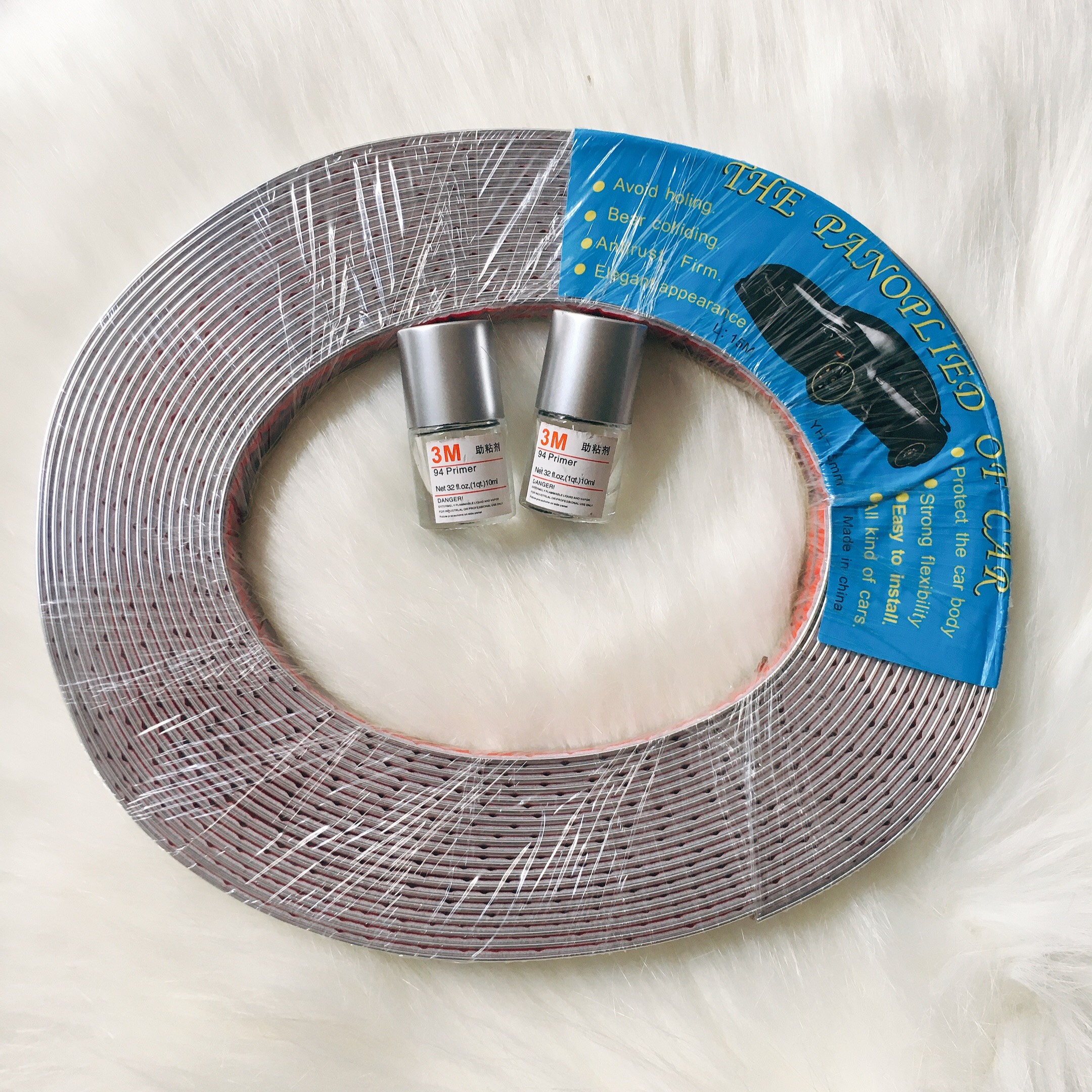 Cuộn Nẹp viền chân kính ô tô mạ Crom rộng 1,2cm x 15m Kèm 02 Lọ dung dịch keo mồi 3M