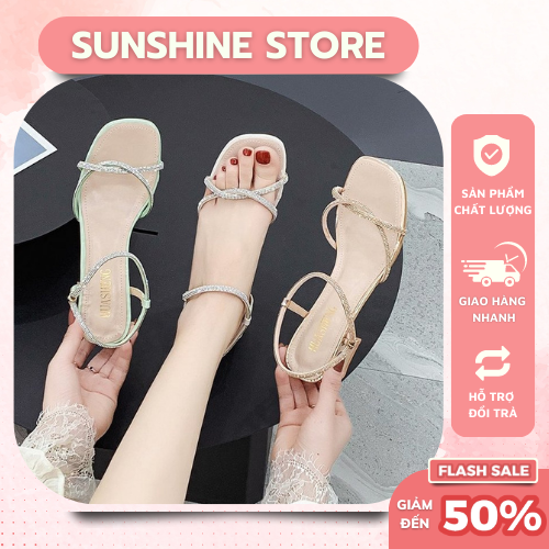 Giày sandal cao gót đế vuông 5p quai chéo dây đính đá Sunshine Store A042