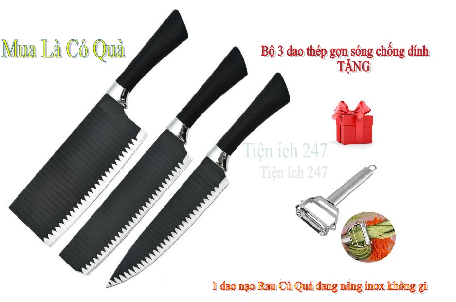 Bộ dao nhà bếp 3 món, trọn bộ 3 dao thép gợn sóng chống dính, dao thái thịt, dao gọt hoa quả cao cấp