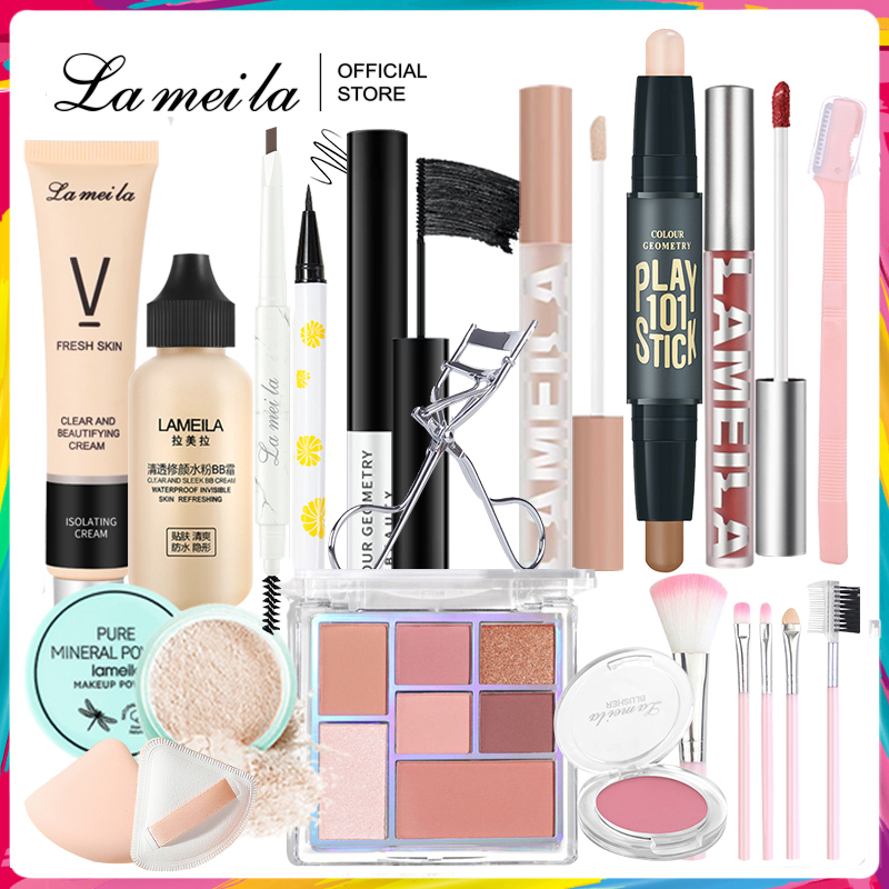 Combo trang điểm LAMEILA 15 món Kem BB+Phấn phủ+Phấn mắt+Mascara+Chì kẻ mày+Kem Lót Cách Ly Kem +Son kem+bút tạo khối 2 đầu+kẻ mắt+Phấn má hồng+kẹp bấm mi+Dao tỉa lông mày+Bộ cọ trang điểm+Kem che khuyết điểm+Mút trang điểm