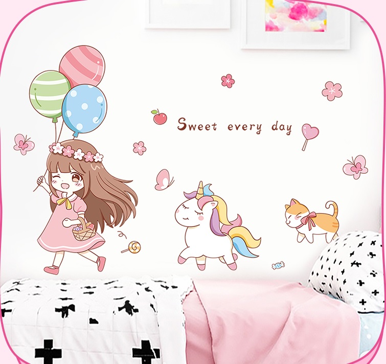 Decal dán tường Bé gái cầm bóng bay và kỳ lân nhỏ