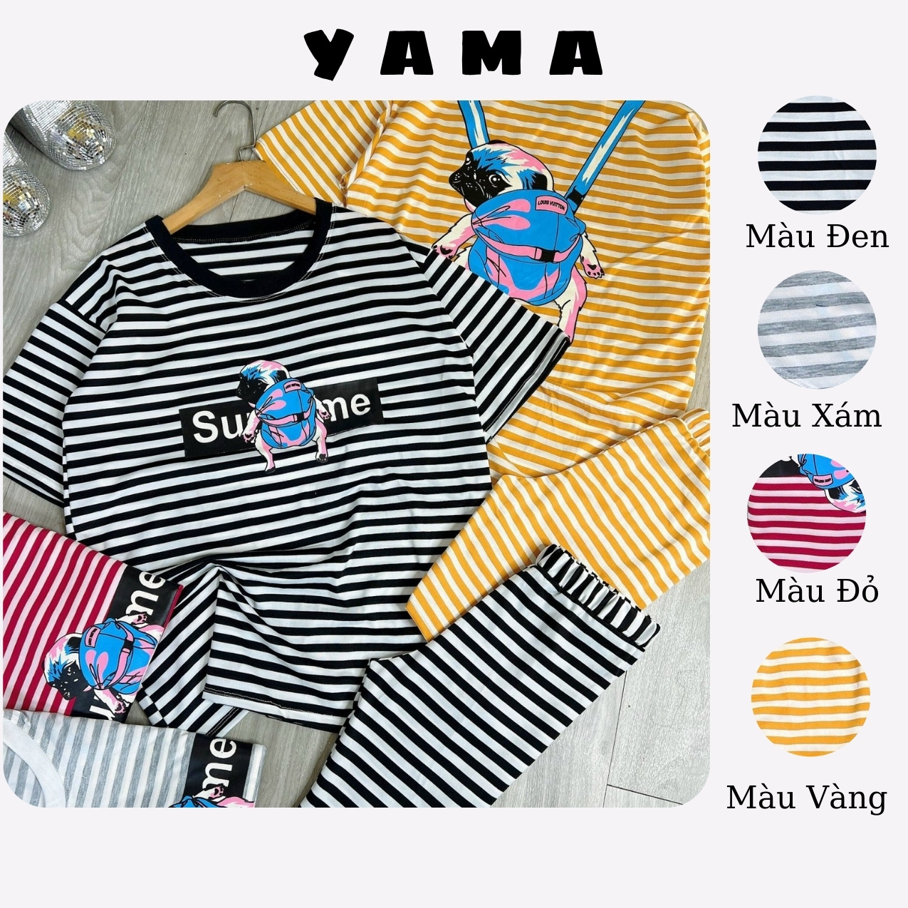 Đồ bộ mặc nhà, Sét bộ đồ thun lửng cotton kẻ YAMA B01 in hình trước và sau lưng