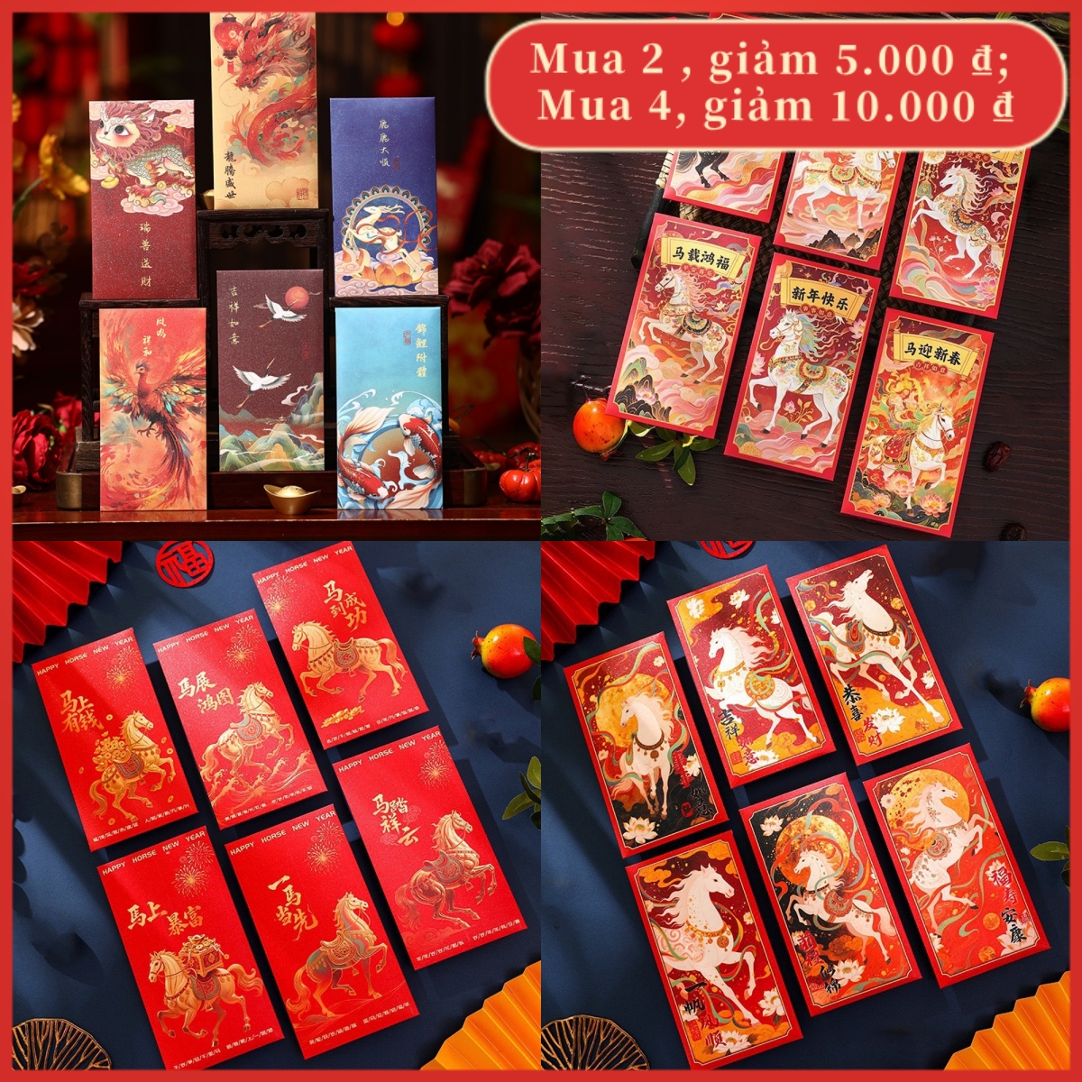  bao lì xì tết 2026 MMLUCK 6pcs Phong cách Trung Quốc Phong bì Đỏ năm mới Truyền thống Túi đựng tiền may mắn Túi đựng tiền Dày Gói rắn năm Đỏ Đồ dùng Lễ Hội Mùa Xuân 