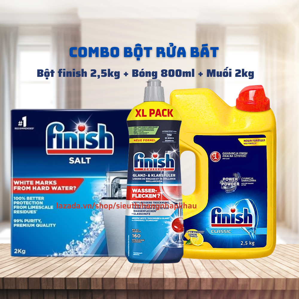 Combo Bột rửa bát Finsih Classic 2,5kg 2,2kg 1kg+Muối finish 2kg+Bóng finish 800ml dùng cho máy rửa bát- Nhập khẩu Châu Âu.