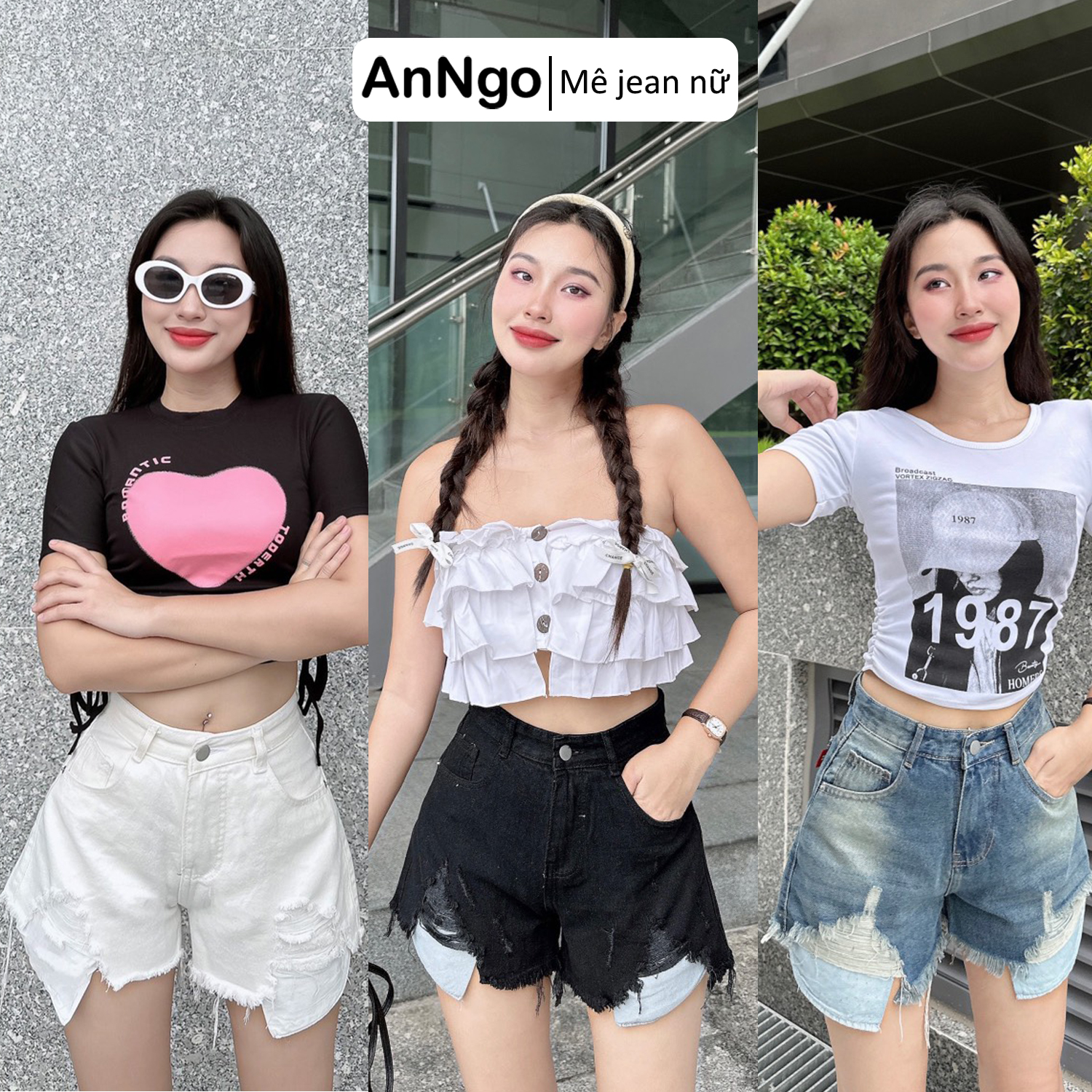 Quần short jean nữ denim lưng cao rách cách điệu lộ túi thời trang Anngo - AT332